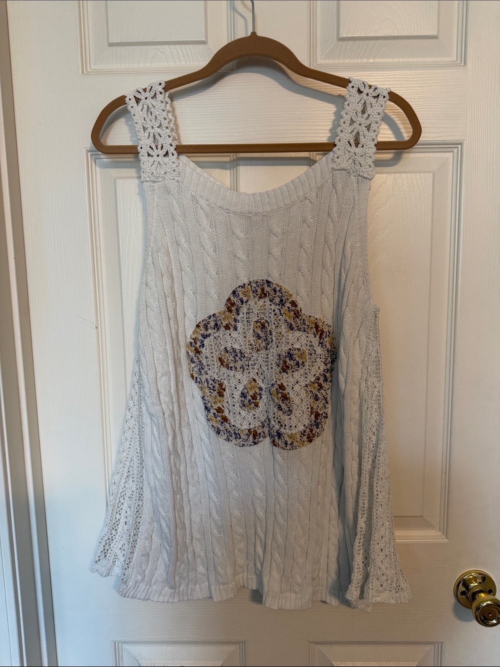 POL White Cable-Knit Tank with Floral Medallion